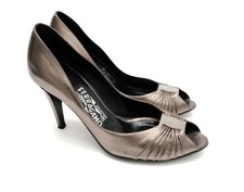 Salvatore Ferragamo Peep Toe Party Shoes in Silver Leather, UK5.5, high heel