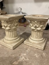 2 Vintage White Beige Plaster Corinthian Roman Column Design Candle Holders 10cm