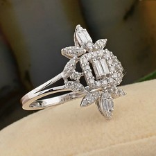 Emerald Simulated Diamond Art-Deco Engagement Band Ring In 14k White Gold Plated