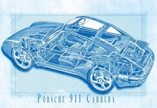 Classic Porsche 911 Carrera  Cutaway Blueprint  Art Poster Print