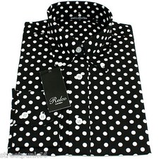 Relco Mens Black & White Polka Dot Long Sleeved Shirt Mod Skin Retro Indie 60s