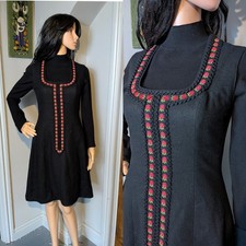Vintage 60s 70s Embroidered Rose Wool Dirndl Folk Pinafore Mini Dress 8 36
