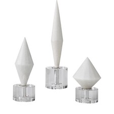 Geometric Faceted White Marble Finial Set 3 Diamond Shape Sculpture Minimalist
