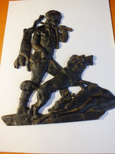 Very Old Vintage Cast Metal Hunting Scene Relief Wall Plaque Man Dog 22cms Long