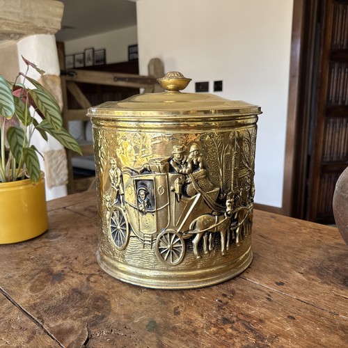 Vintage embossed brass - brass, wood