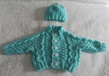 Hand knitted cable patterned cardigan and hat set in turquoise new born baby boy
