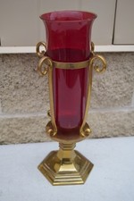 + Older 15 3/4" Altar Top Brass Sanctuary Lamp with Red Glass Globe + (CU113)