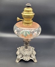 Antique Victorian Oil Lamp cast iron base 19th century hand painted glass