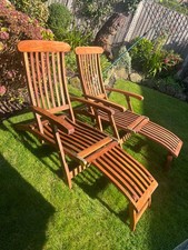 Vintage Teak Steamer Loungers Garden Sun Loungers, Foldable, Pair