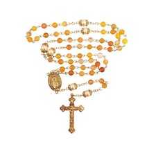 Matte Stone Yellow Pearl Beads Rosary Gold Necklace Miraculous Medal & Cross