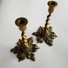 Antique Art Nouveau twisted stem cast brass candle sticks church 11cm English