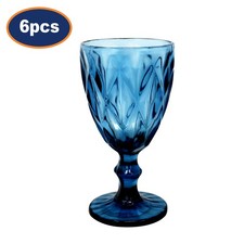Wine Glass 6pc Blue Textured Drinking Goblet 300ml Chalice Cup Vintage Glassware