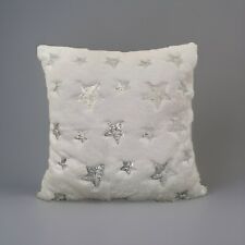 Set Of 2 White Christmas Furry Cushion Cover Silver Sequin Stars Pattern