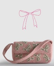NEW Primark Mini Beaded Pink Shoulder Bag With Sliver Bows Design Party Bag 