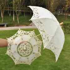 Small Beige Hollowed Wedding Lace Umbrella Wooden Handle Parasol Umbrella