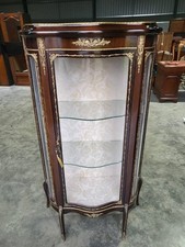 Antique repro slim French serpentine glazed cabinet bookcase brass decor shelves