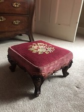 Antique Victorian Mahogany Needlepoint Footstool With Carved Cabriole Legs