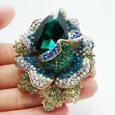 Vintage Green Rose Flower Pendant Woman's Brooch Pin Crystal Rhinestone Gifts
