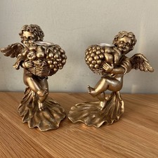 Vintage Pair Gold Cherub Candle Holder Angel 16cm Tall Shabby Chic Christmas
