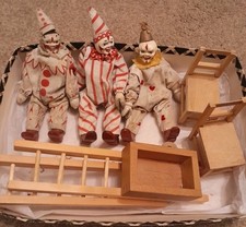 Fine Antique Schoenhut Toy Humpty Dumpty Circus Set of 3 Clowns & Accessories 