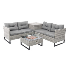Palma Grey Rattan Garden Corner Sofa Set 4 Seat with Storage and Fire Pit Table