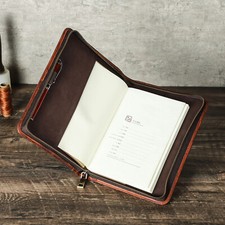 Vintage A5 Leather Notebook Cover with Pen Slot Wrist Strap Zip Case Coffee