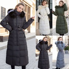 Women Winter Fur Long Quilted Parka Warm Puffer Ladies Padded Hooded Jacket Coat