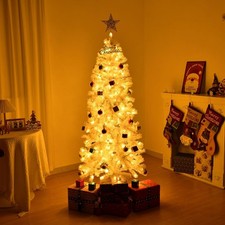 Christmas Tree Pre Lit Slim Pencil White Artificial Bushy Pine XMAS Decor 7FT UK