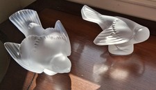 Lalique Crystal Sparrow Figurines Pair – Head Down & Neck Turned – France