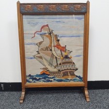 Vintage Carved Wooden Fire Guard Stand with Woollen Sailing Ship Tapestry - 30"