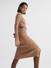 Reiss Camel Avery Rib-Knitted Midi Dress Size UK M Medium