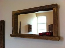 Large Reclaimed  wooden driftwood style farmhouse wall mirror with shelf