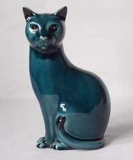 POOLE POTTERY TEAL BLUE SEATED CAT FIGURE 6.5" HIGH LOOKING LEFT VINTAGE