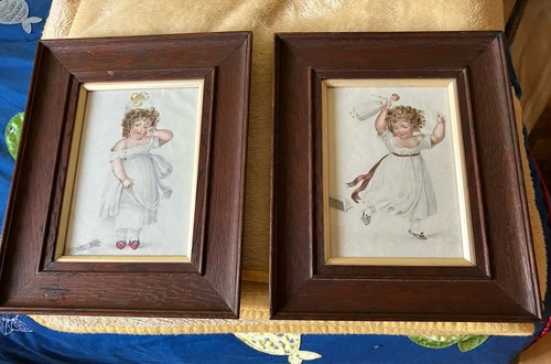 Antique pair watercolours - pair,