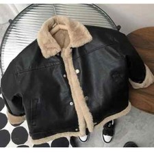 2-11Y Kids Leather Jackets Boys Girls Black Fleece Cardigan Warm Loose Clothes