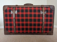 Vintage Golden Leaf Tartan Suitcase - Retro Plaid Luggage w/ Keys - Large
