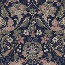 Folk Floral Wallpaper Birds Flowers Leaves Textured Vintage Damask Navy 946104