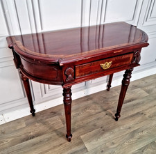 Antique Style Mahogany Demi Lune Side Hall Console Table – Inlaid Top & Carved