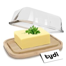 Glass Butter Dish with Lid & Bamboo Base Tray Standard Serving Storage Container