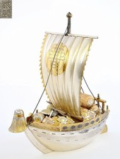 Japanese Gilt Solid Silver Treasure Sailboat Boat Ship Samurai Helmet Marked
