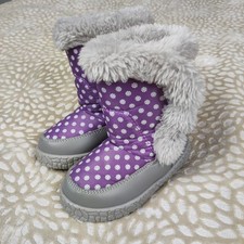 Trespass Girls Purple White Polkadot Snow Boots Faux Fur Trim Size UK 6 EU 23