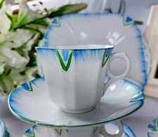 Vintage MELBA BONE CHINA trio Cup Saucer And side Plate. Art Deco Blue And White