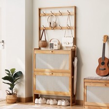 Bamboo Shoe Cabinet 2 Drawer Storage Cupboard Rack Footwear Organiser Hall Tree