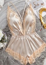 VTG Styl Glossy Oily Satin Bridal Holiday Bodysuit TEDDY Playsuit Romper XL NEW