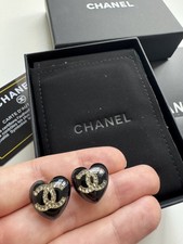 Gold Black Heart Diamanté Chanel CC Earrings 