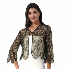 Women Shiny Sequins Evening Cape Long Sleeve Party Bolero Shrug Cardigan Jacket