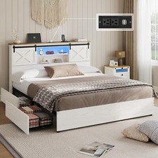 King Size Farmhouse Bed Frame with Storage Drawers Charging Station LED Lights