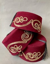 Burgundy Fez Hat, Genuine & Authentic Turkish Fes, Ottoman Tarboosh w Gold Trim