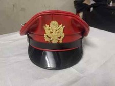 Genuine Real Leather Red Army Muir Biker Peaked Police Gay Bluf Cap Hat