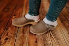 Swedish wooden clogs closed toe with buckle from Nubuck leather and wooden sole
